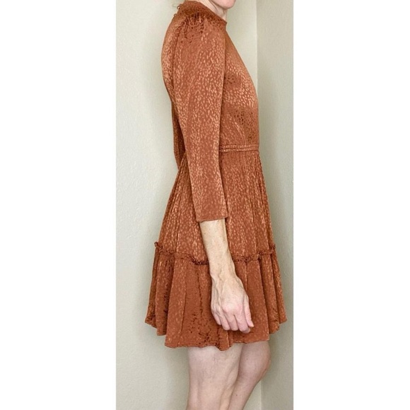 Madewell Brown Tan Animal Printed Mock Neck Ruffle Hem Mini Dress - Picture 5 of 8